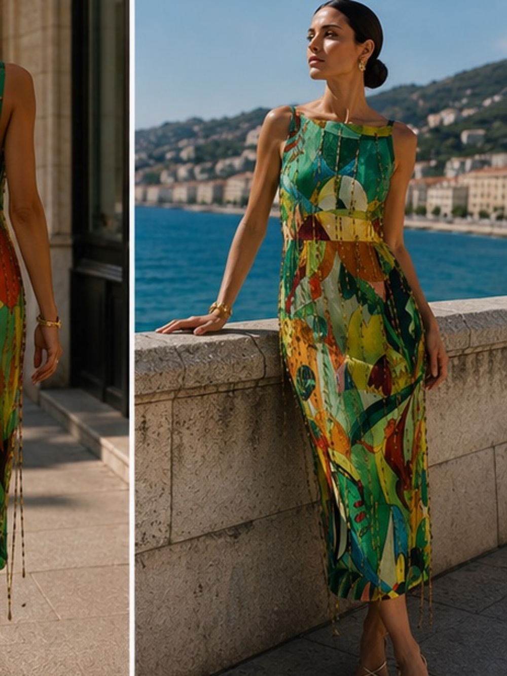 Alemais Mokshini Beaded fringed Green Multi-Color Abstract Print Midi Dress - Picture 6 of 13
